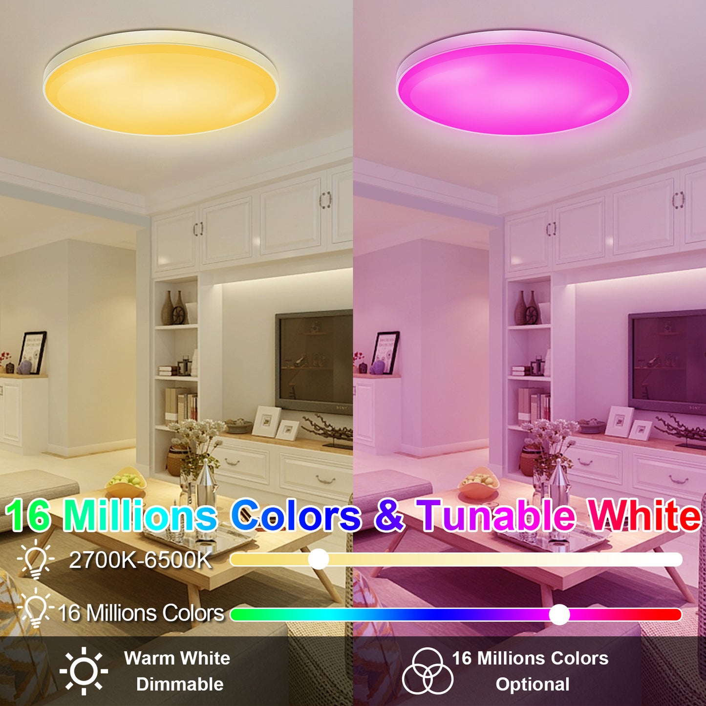 DONGPAI Smart Ceiling Light, 30W RGB Color Changing Dimmable Ceiling Light Fixture APP Remote Control Ceiling Light for Bedroom, living room, Home Party