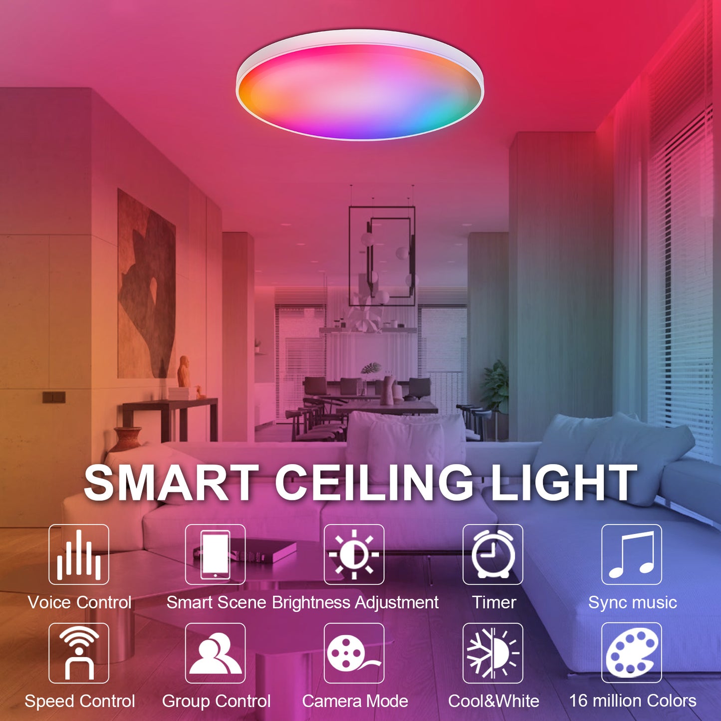 DONGPAI Smart Ceiling Light, 30W RGB Color Changing Dimmable Ceiling Light Fixture APP Remote Control Ceiling Light for Bedroom, living room, Home Party