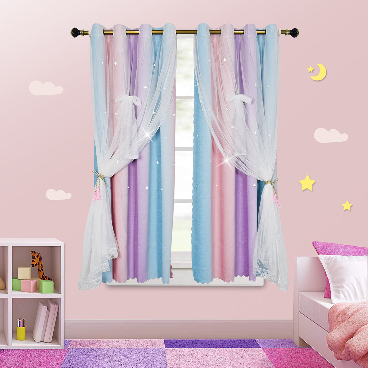 DONGPAI Gradient Ombre Stars Curtains for Kids Girls Bedroom Double Layers Blackout Window Curtains,Thermal Insulated for Living room, 1 Panel