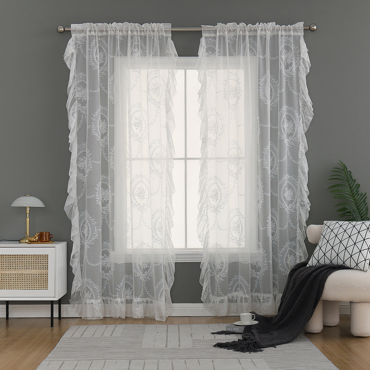 DONGPAI White Lace Sheer Curtains, French Floral Embroidered Vintage Window Drapes Rod Pocket Screening Curtains for Living Room Bedroom, 1 Panel