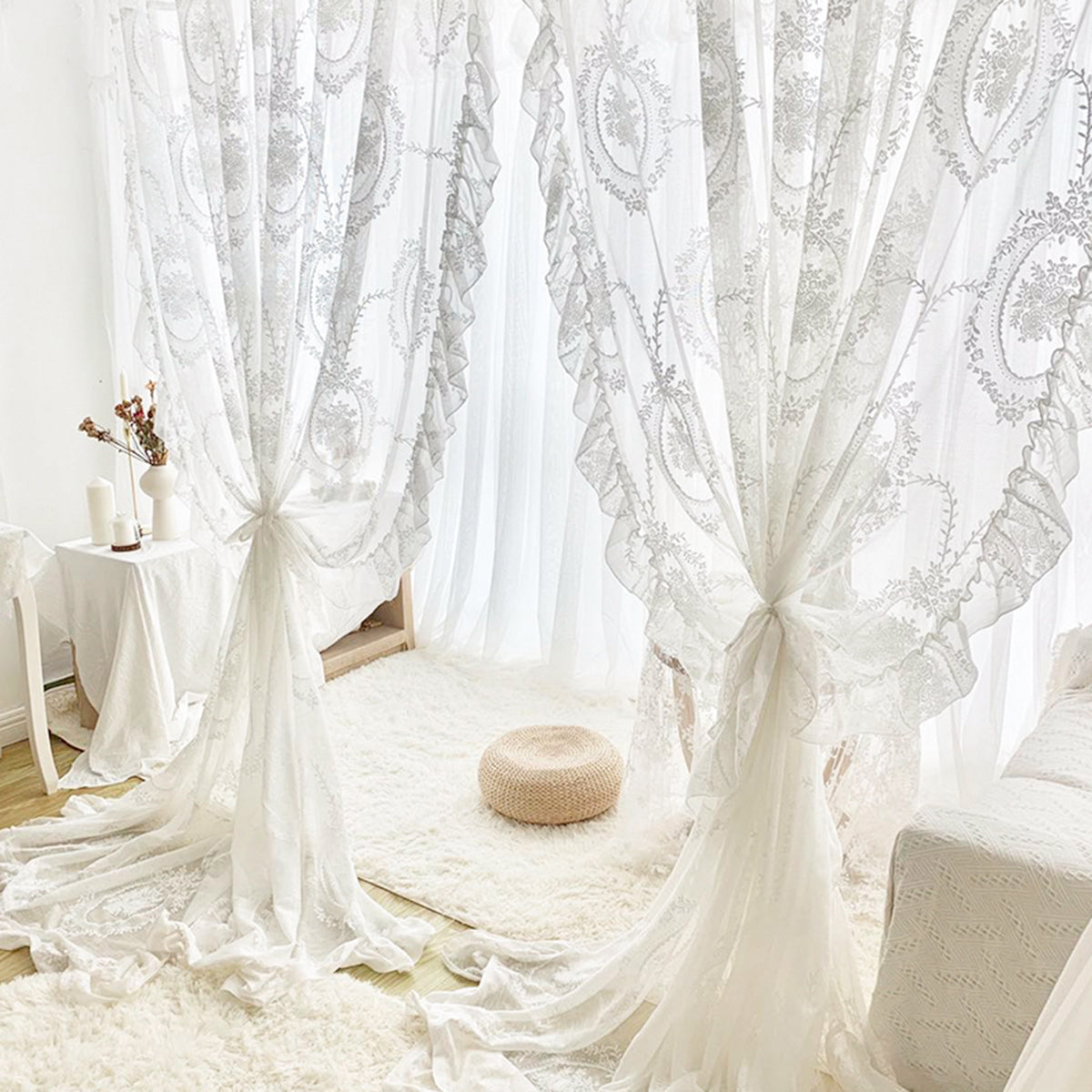 DONGPAI White Lace Sheer Curtains, French Floral Embroidered Vintage Window Drapes Rod Pocket Screening Curtains for Living Room Bedroom, 1 Panel