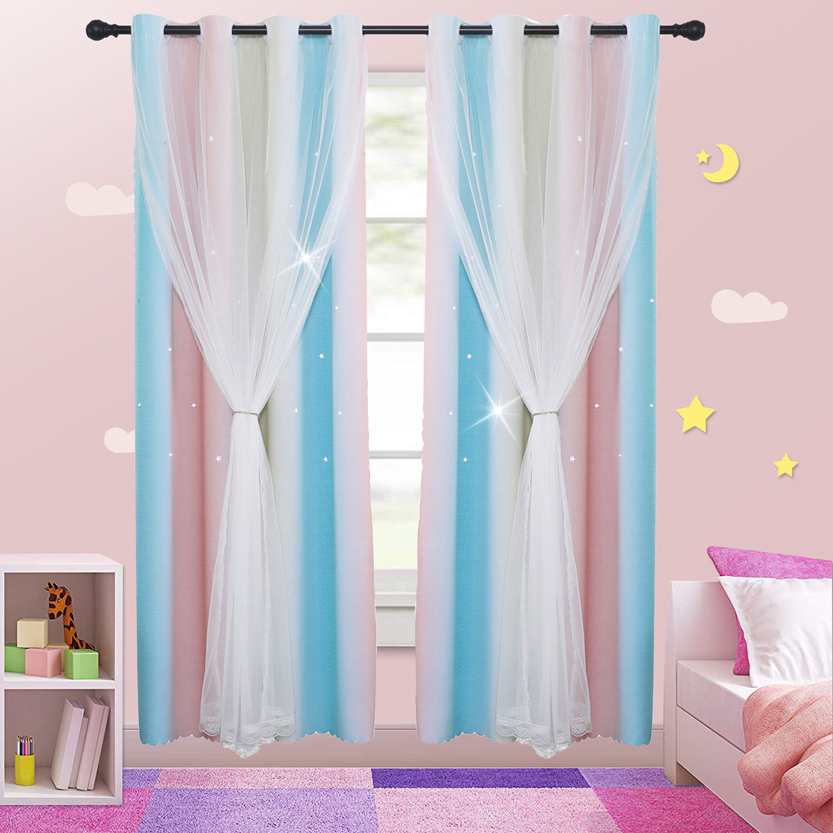 DONGPAI Gradient Ombre Stars Curtains for Kids Girls Bedroom Double Layers Blackout Window Curtains,Thermal Insulated for Living room, 1 Panel