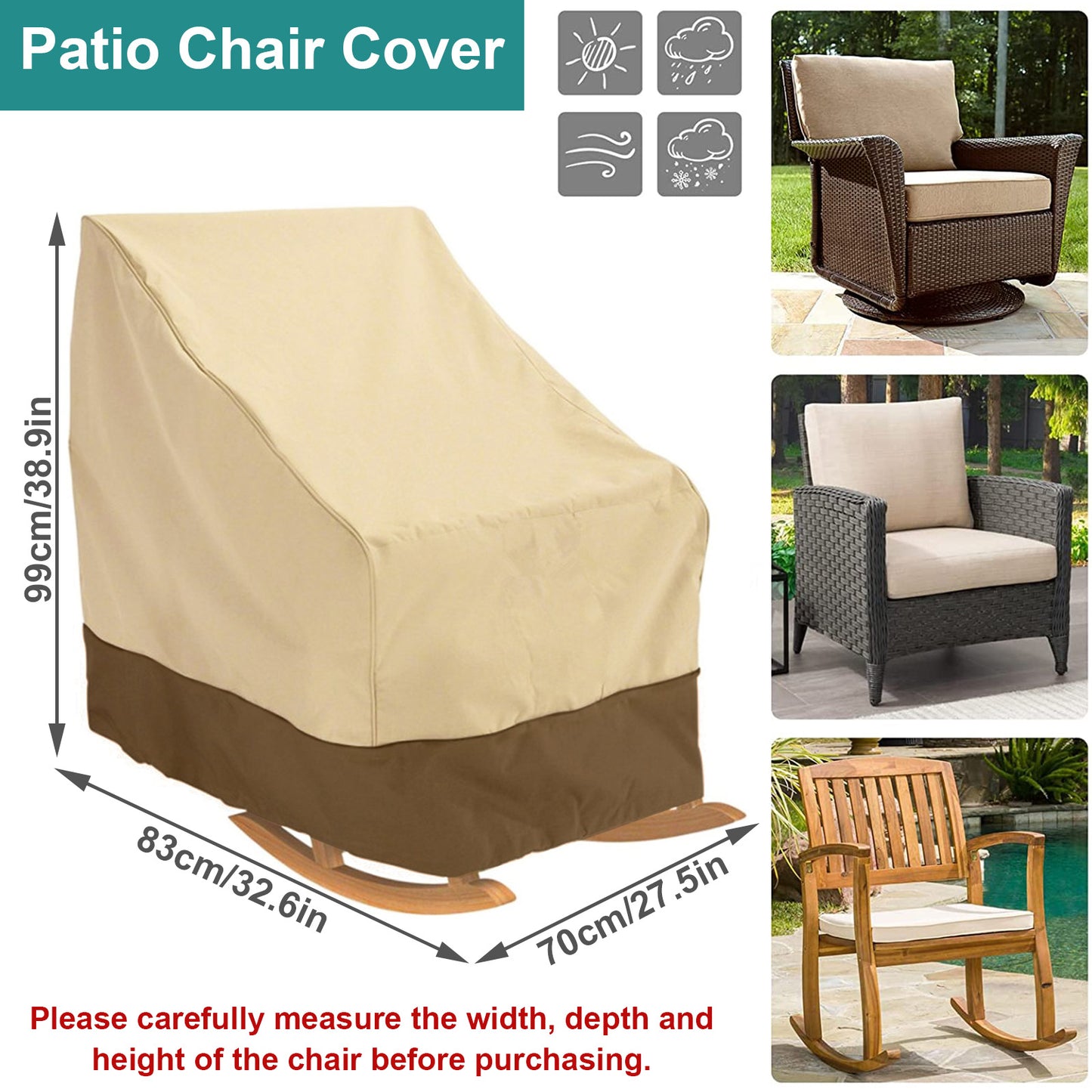 Patio Chair Covers, Lounge Deep Seat Cover, 32" x 28" x 38",Heavy Duty Waterproof Outdoor Lawn Patio Furniture Covers, Beige