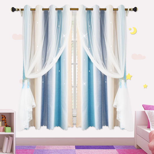 DONGPAI Gradient Ombre Stars Curtains for Kids Girls Bedroom Double Layers Blackout Window Curtains,Thermal Insulated for Living room, 1 Panel