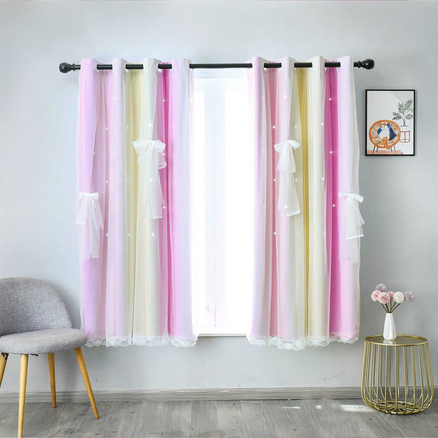 DONGPAI Gradient Ombre Stars Curtains for Kids Girls Bedroom Double Layers Blackout Window Curtains,Thermal Insulated for Living room, 1 Panel