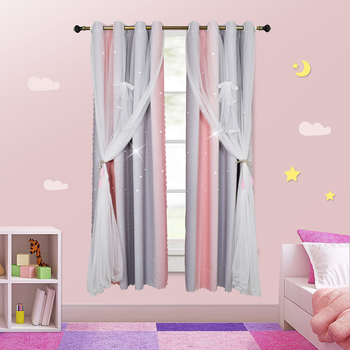 DONGPAI Gradient Ombre Stars Curtains for Kids Girls Bedroom Double Layers Blackout Window Curtains,Thermal Insulated for Living room, 1 Panel